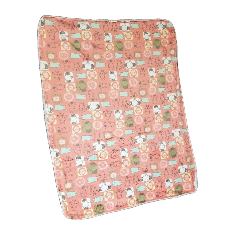 Mini‎ B Salmon Coral Pink Minky Baby Blanket Jungle Zoo Animals Baby Girl EUC